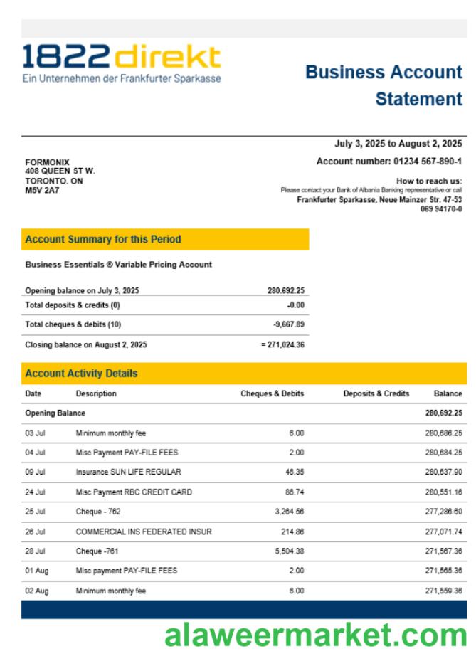 1822direkt bank enterprise account statement Word and PDF template
